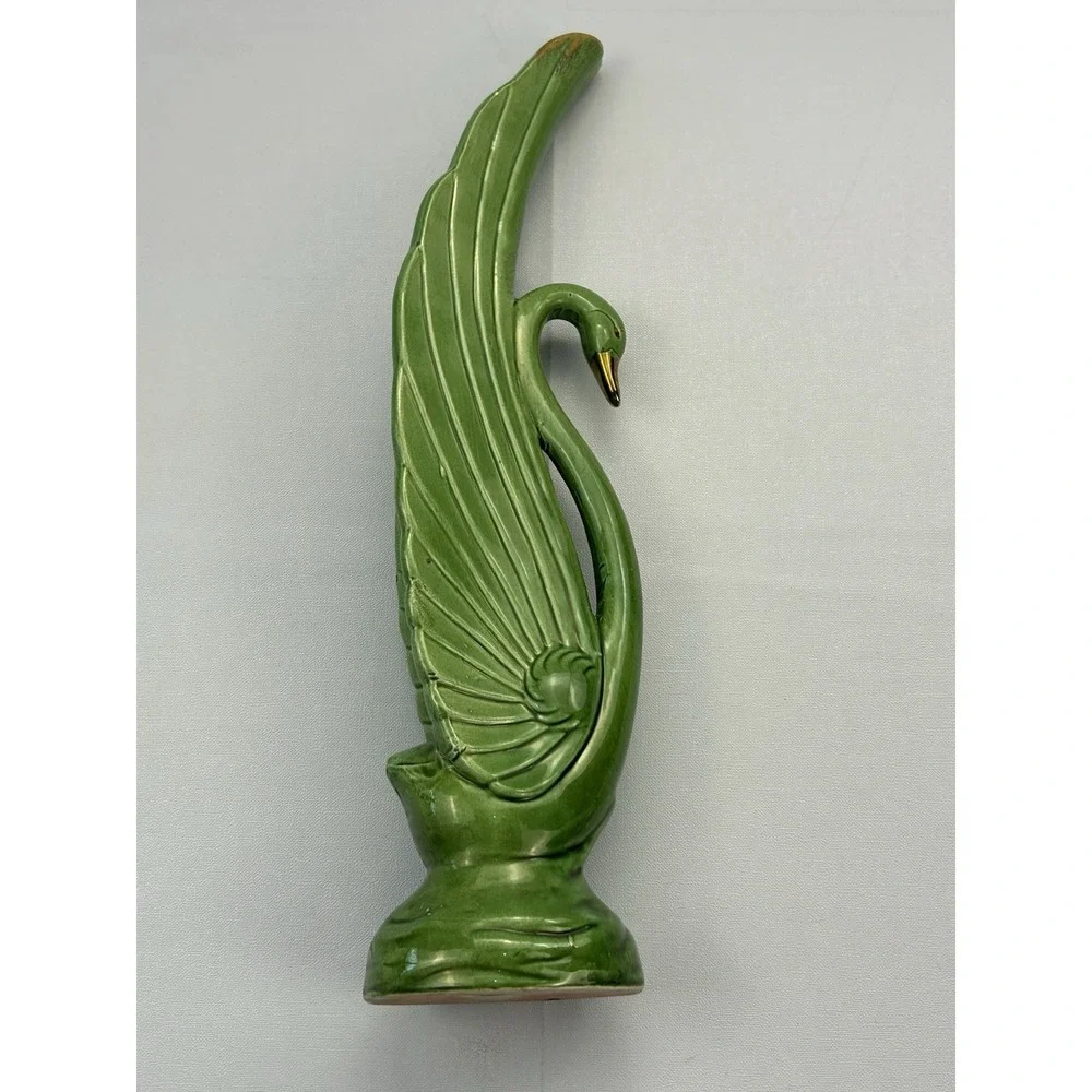 Vintage Japan Green Ceramic Swan Bird Figurine Statue Gold Accent 14